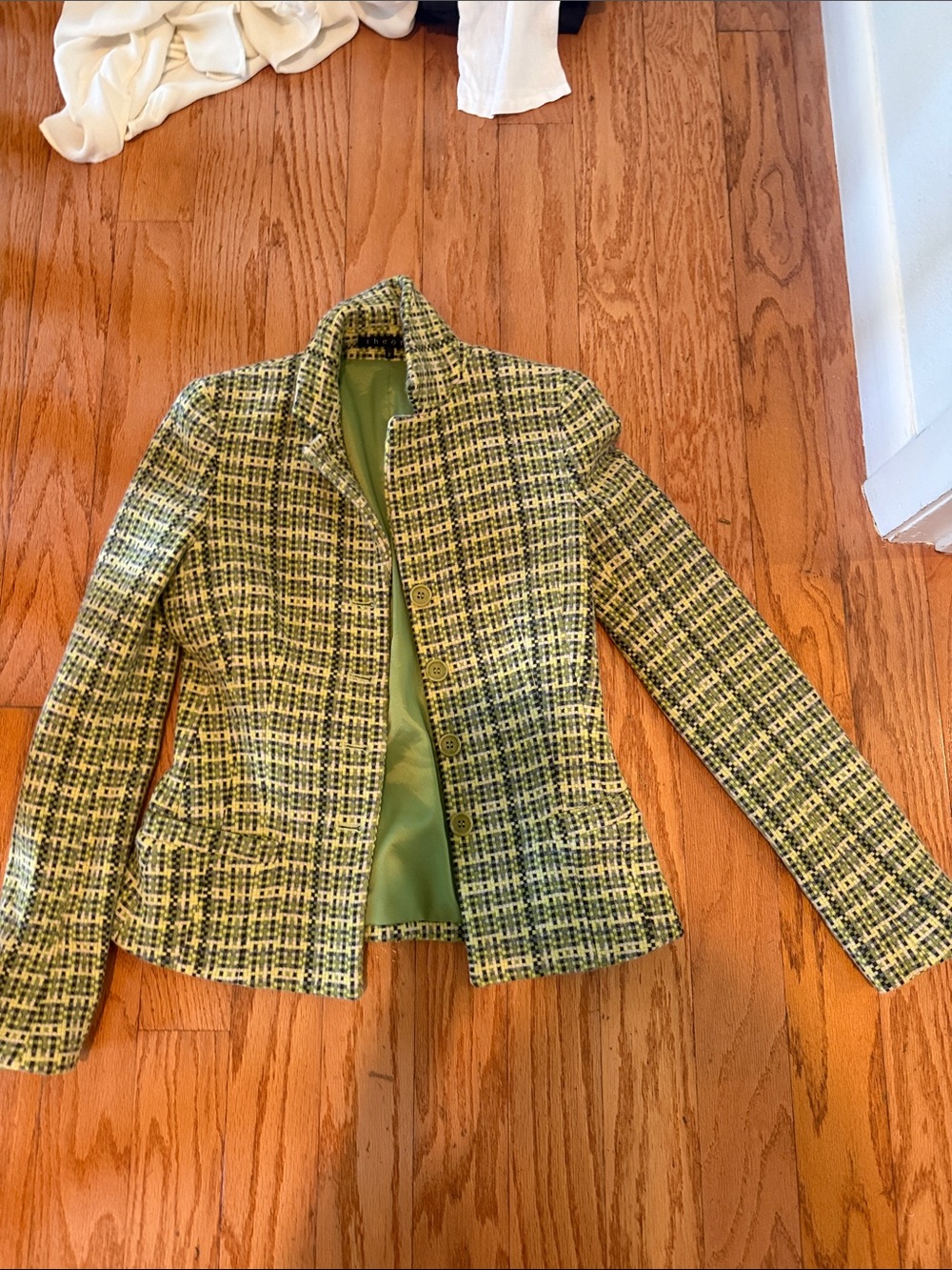 Theory Green Plaid Tweed Blazer